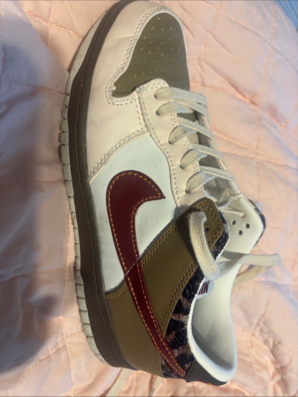 Nike Low-Top White Olive Brown Sneaker with Burgundy Swoosh